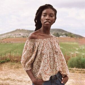 The GREAT. The Garland Top Puff Sleeve Boho Blouse Oat Wild Brush Floral 0 XS